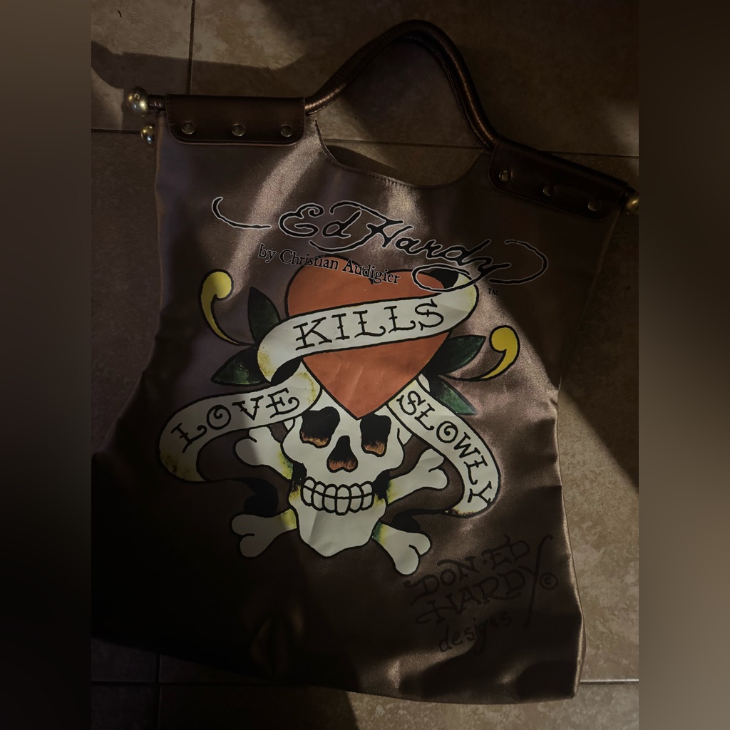 Vintage Ed Hardy X Christian Audigier Logo Gold Purse Bag